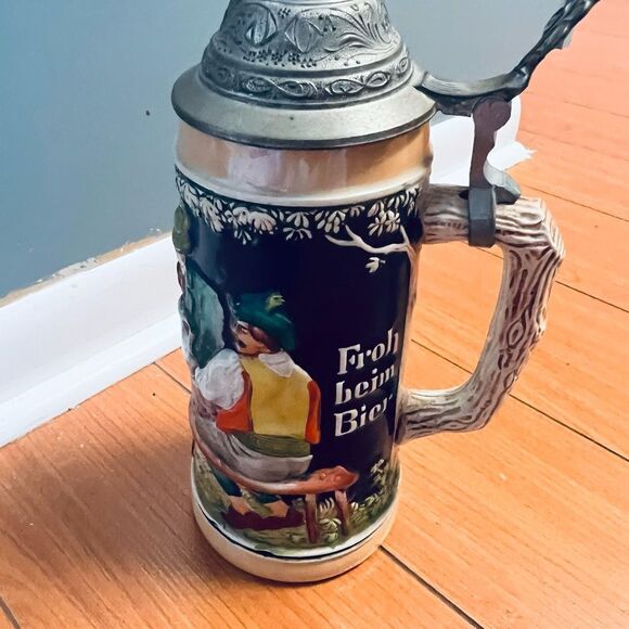 GERZ Beer Stein Pewter Lid Tavern Scene ”Frohbeim Bier Das Lieben Wir" V… - Picture 4 of 17